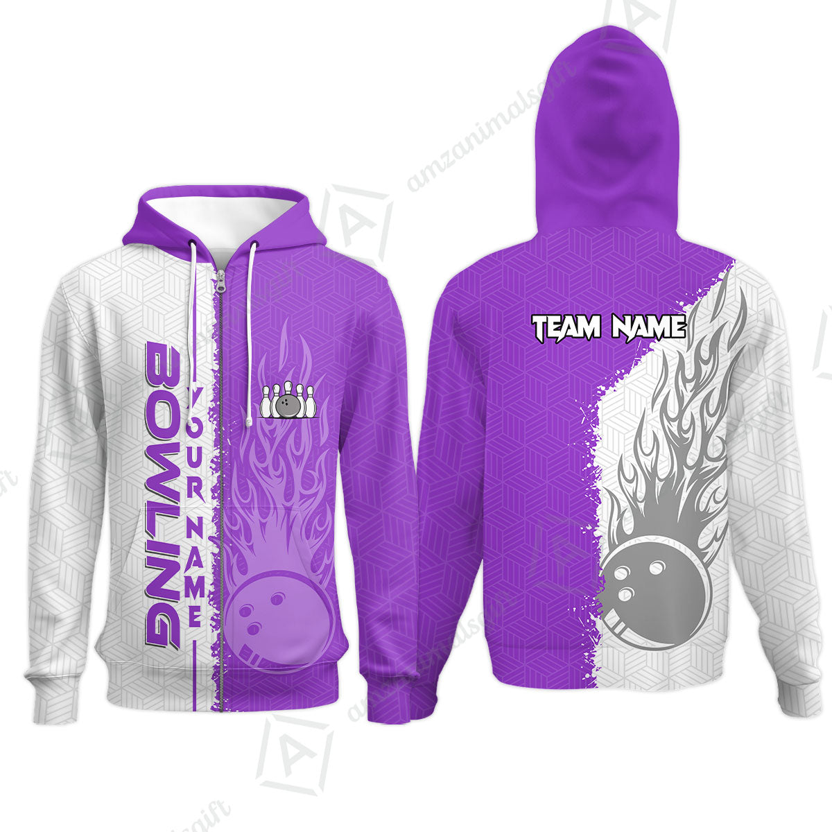 Custom White and Purple Flame Bowling Team Jersey Polo Shirts, Bowling Team Uniforms Jerseys, Personalized Name And Team Name