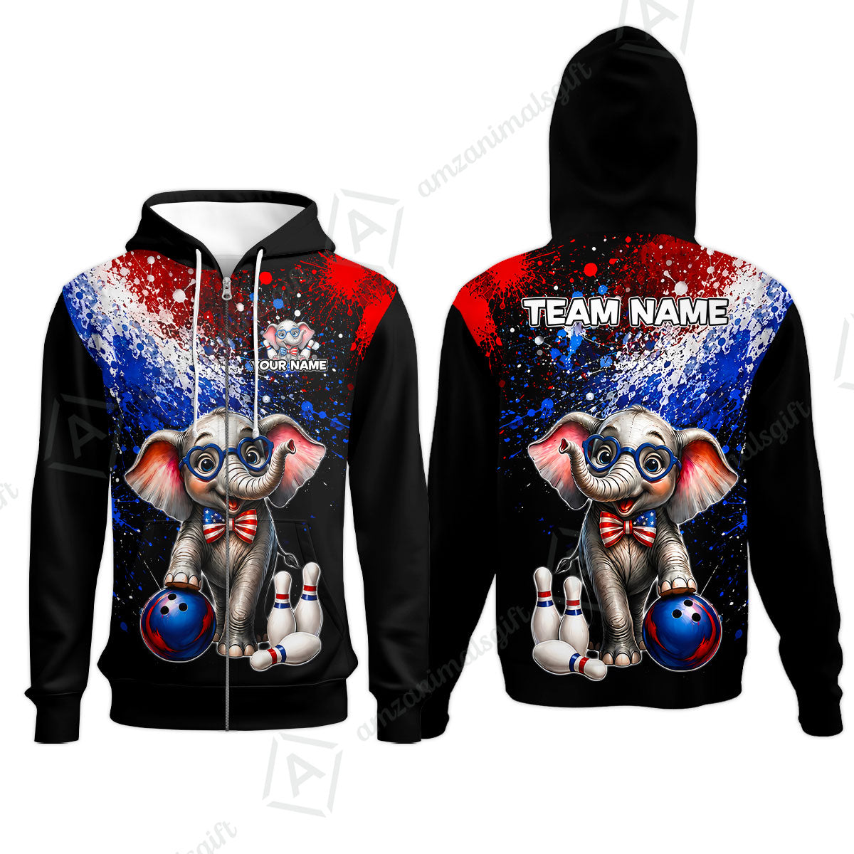 Custom Bowling Jersey Polo Shirt, Patriotic Elephant Bowling, Personalize Name and Team Name