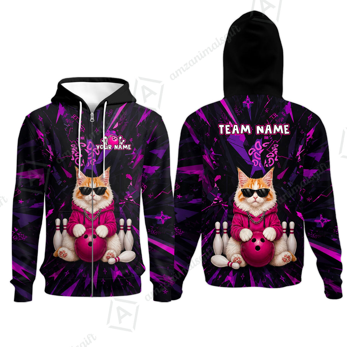 Custom Bowling Jersey Polo Shirt, Neon Hip Cat, Custom Bowling Jersey Team Shirt For Players With Name and Team Name