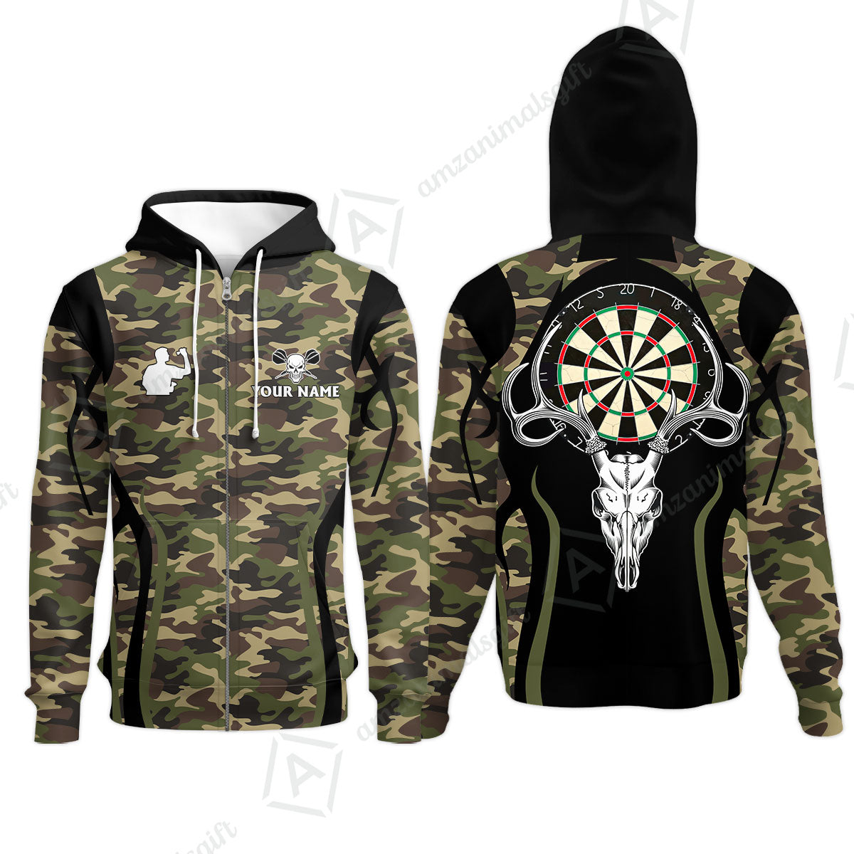 Darts Custom Name Zip Hoodie, Camo Skull Deer Dartboard Personalized Zip Hoodie- Gift For Darts Lovers, Friend, Darts Team Player