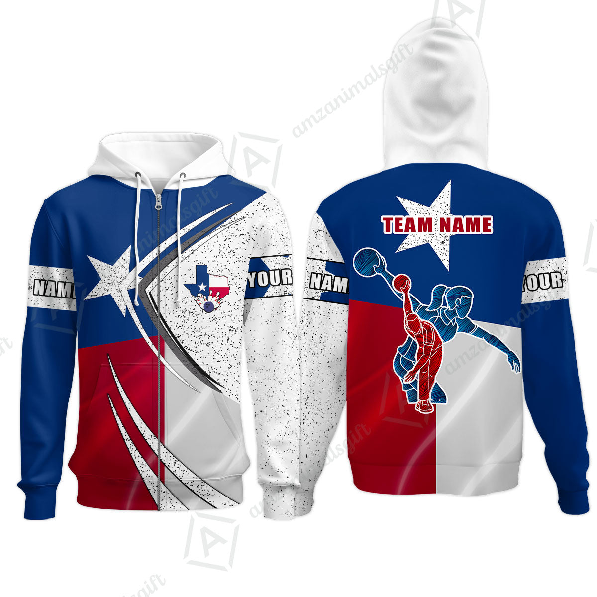 Customized Bowling Team Zip Hoodie, Bowling And Pins Texas Style Customized Name And Team Name Uniform Polo Shirts