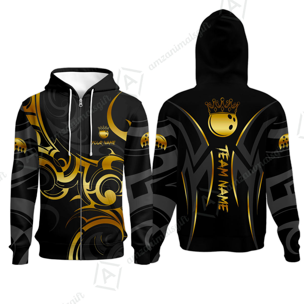 Customized Bowling Team Zip Hoodie, Bowling Swirling Fire Flames Gold And Black Style Polo Shirt For Bowlers