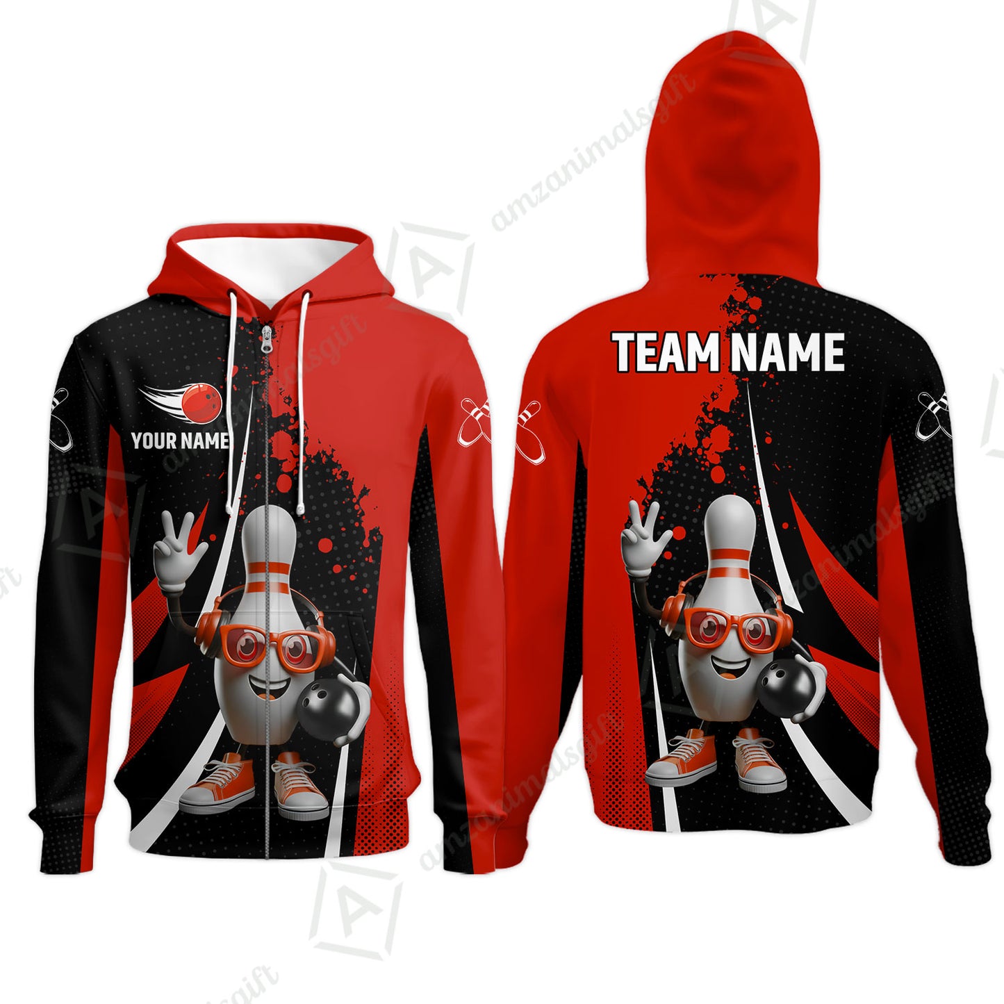 Customized Bowling Unisex Polo Shirt, Halftone Bowling Pin Wearing Headphones Sunglasses, Personalized Name And Team Name