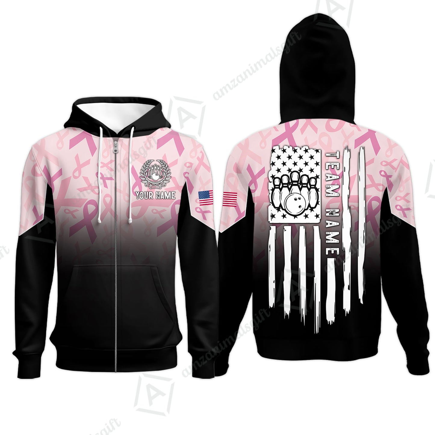 Custom Bowling Jersey Polo Shirt, Ribbon Breast Cancer Awareness Flag, Custom Bowling Jersey Team Shirt For Players With Name and Team Name