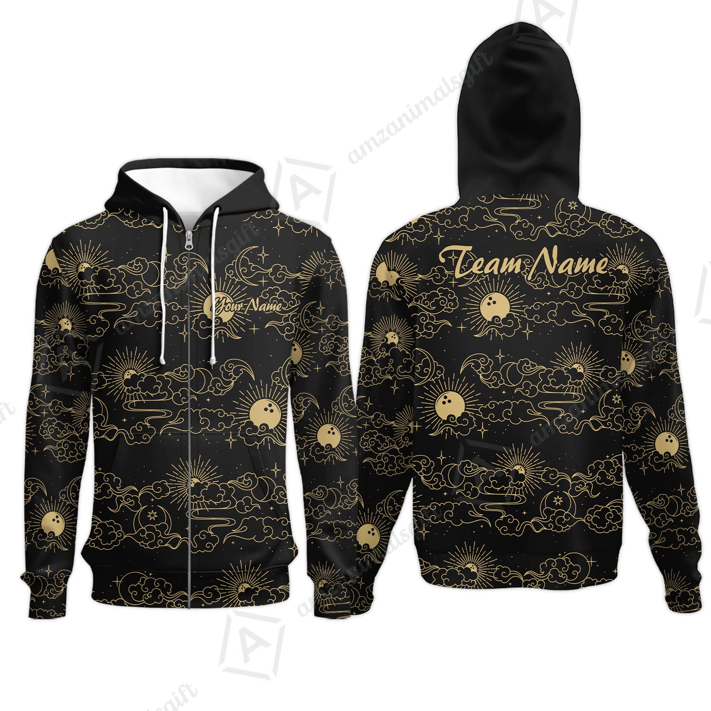 Custom Bowling Jersey Polo Shirt, Black Gold Celestial Bowling, Custom Bowling Jersey Team Shirt For Players With Name & Team Name