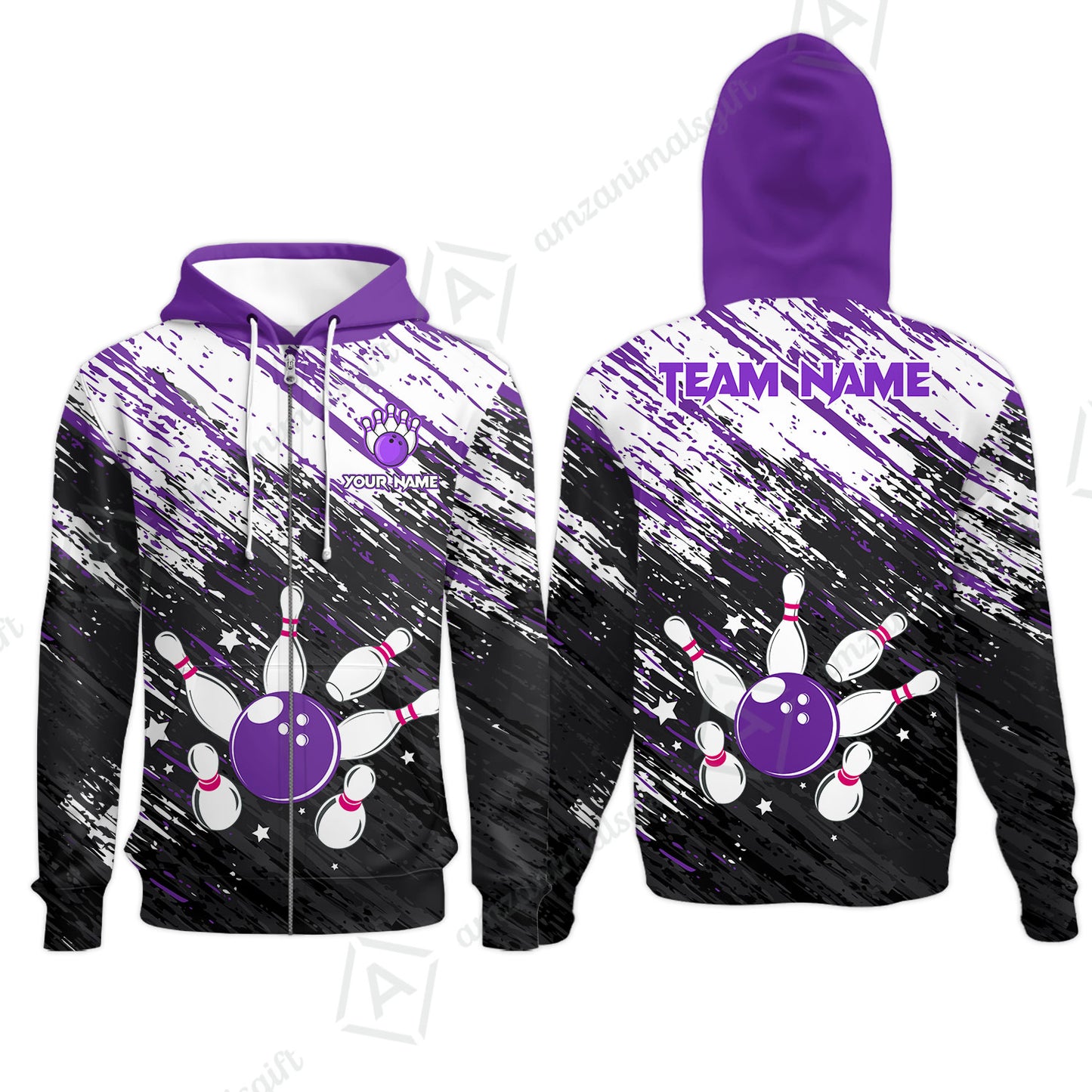 Customized Bowling Unisex Polo Shirt, Floral Pattern Black Purple Brush Wrap Abstract, Personalized Name Team Name