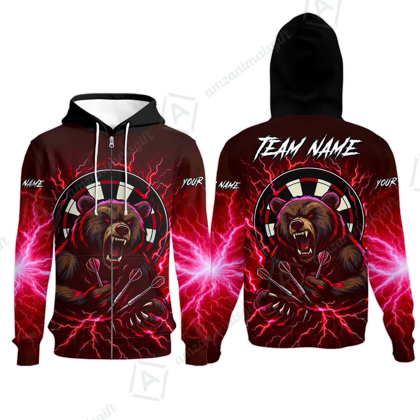 Custom Darts Team Long Sleeve Polo Shirt, Personalized Bear Thunder Lightning Darts Shirt with Name & Team Name