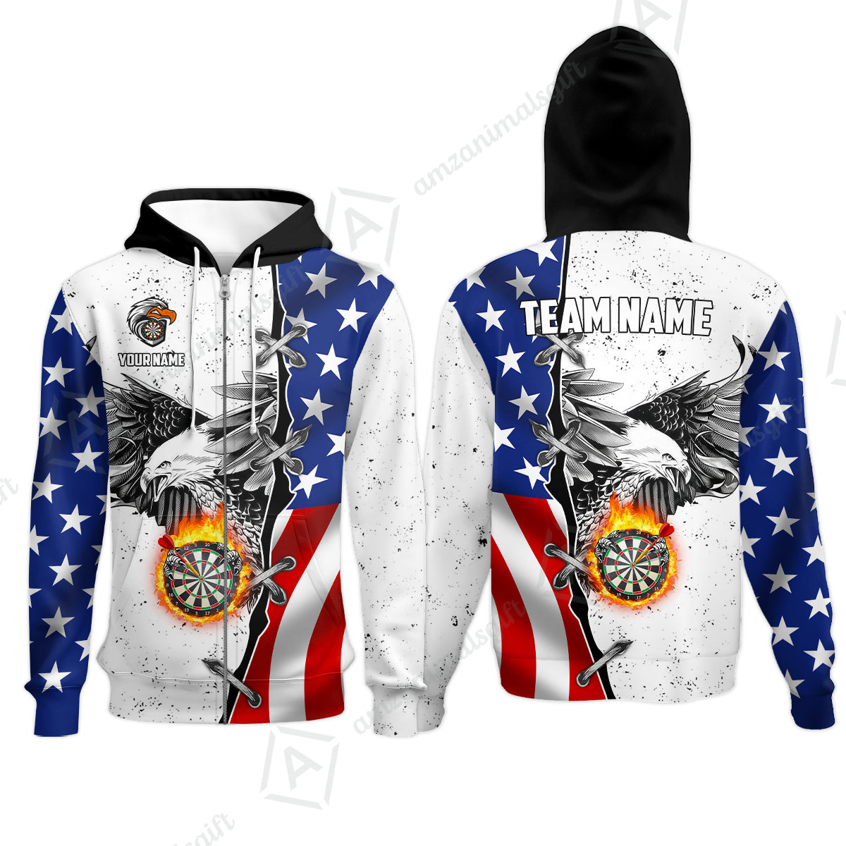 Customized Darts Team Uniform Shirt Darts US Flag White Eagle Flame Pin Dust Pattern, Personalized Name And Team Name