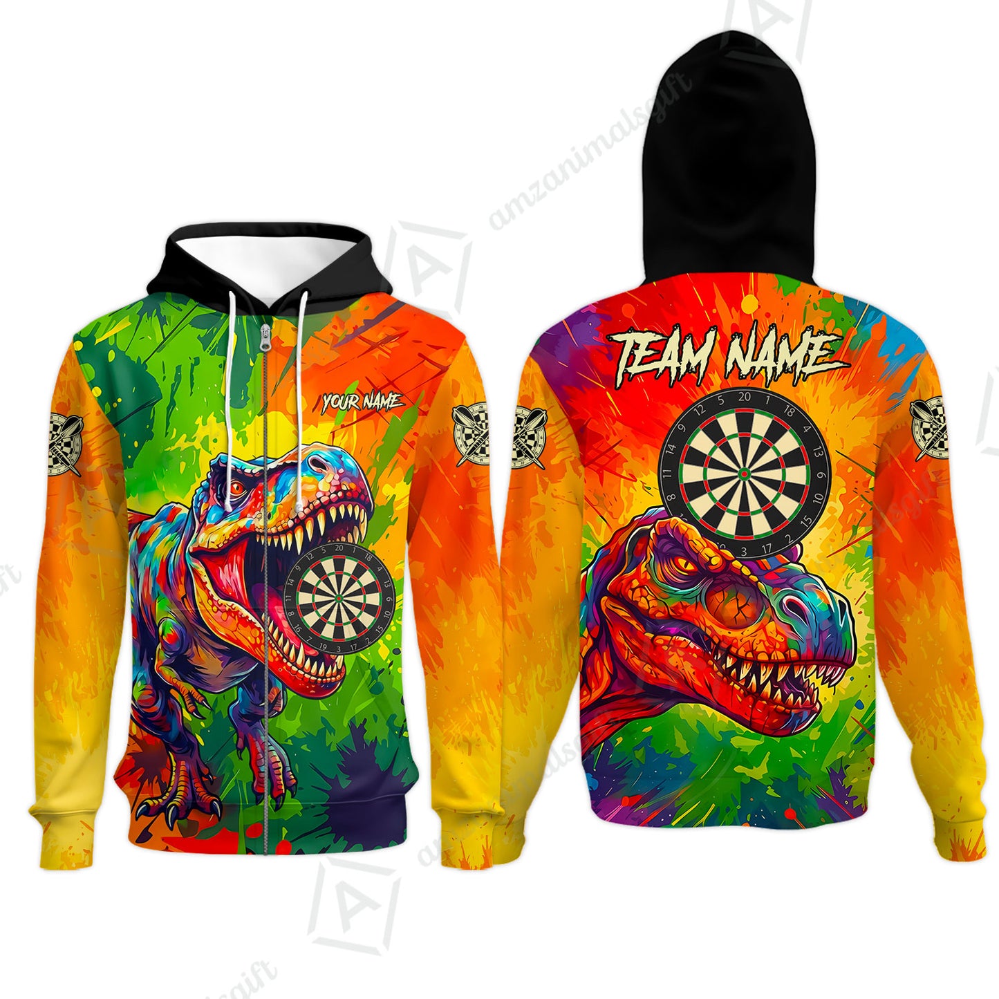 Custom Darts Jersey Polo Shirt, Colorful Splatter T-Rex Dino, Custom Dart Jersey Team Shirt For Players With Name & Team Name