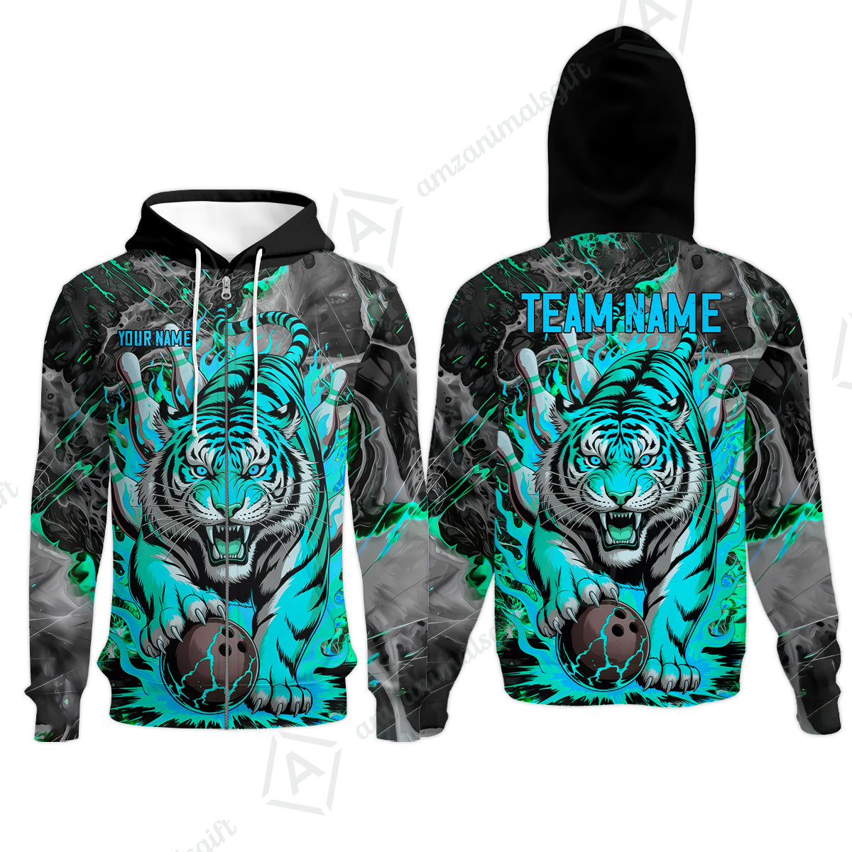 Custom Bowling Team Jersey, Tiger Gripping A Bowling Ball, Bowling Uniforms, Personalize Name And Team Name