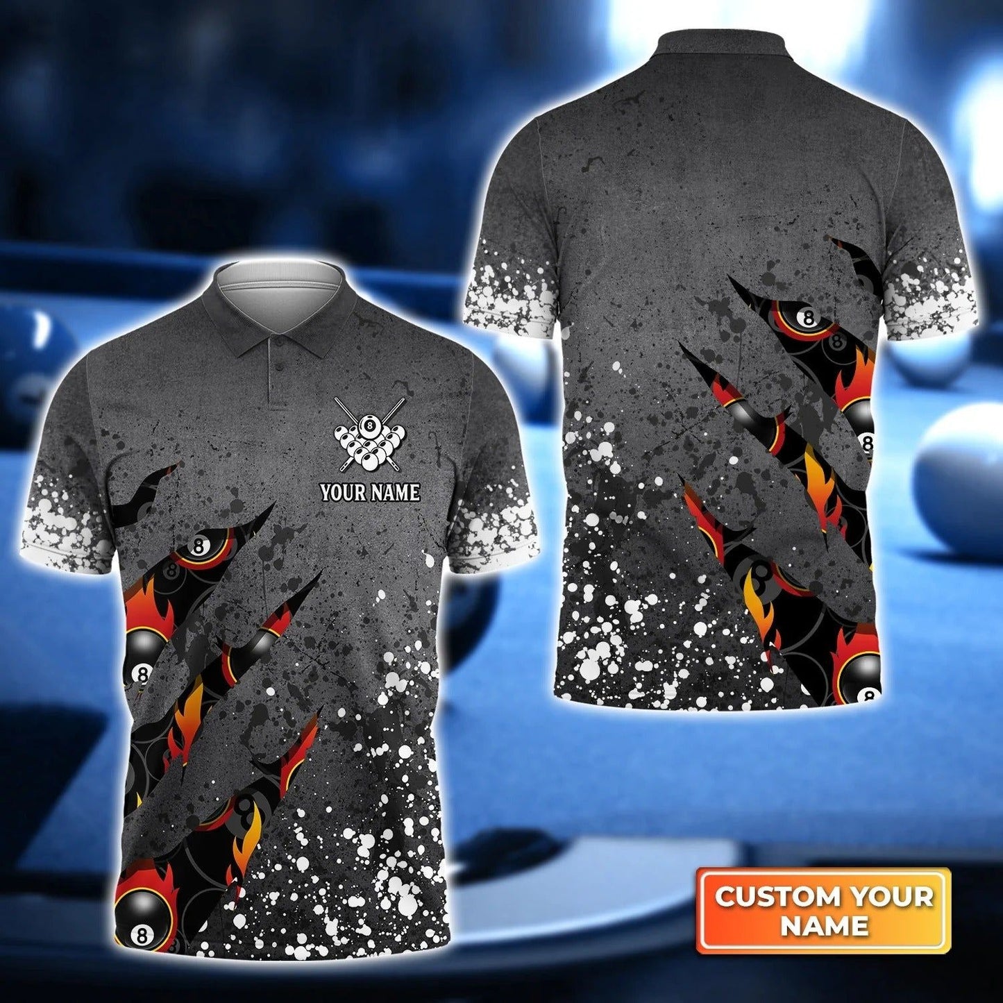 Custom Name Billiard Men Polo Shirt, Personalized Paint Splash 8 Ball Pool Billiards Polo Shirts, Gift For Male, Billiard Lovers, Billiard Players