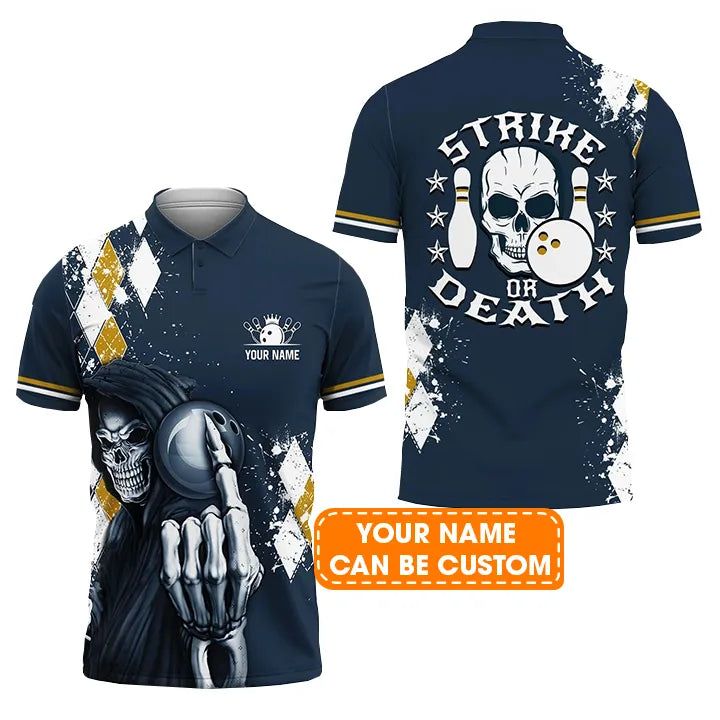 Bowling Custom Men Polo Shirt - Custom Name Blue Bowling Strike Or Death Personalized Bowling Polo Shirt - Perfect Gift For Friend, Family