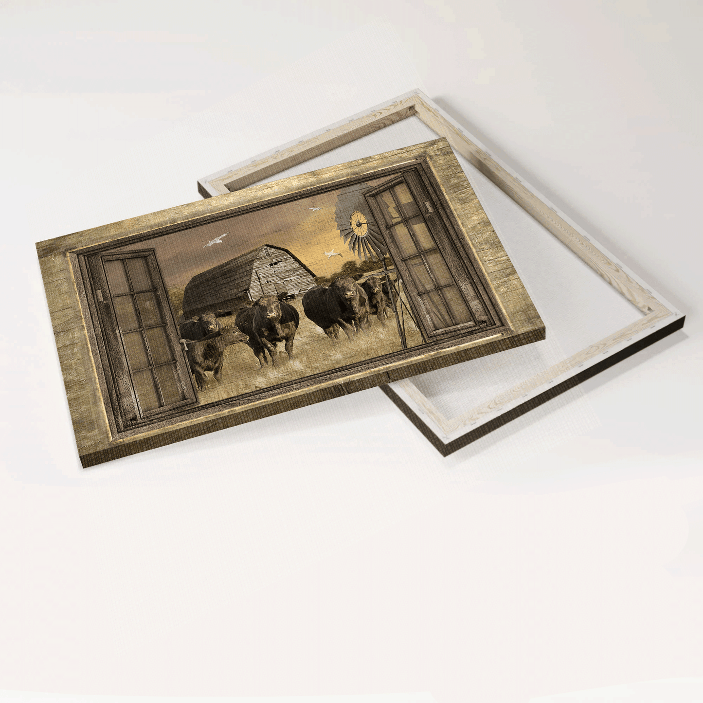 Aberdeen Angus Premium Wrapped Landscape Canvas - Old Barn Painting, Aberdeen Angus, Countryside, Windmill - Gift For Farmers, Farm Lovers - Amzanimalsgift