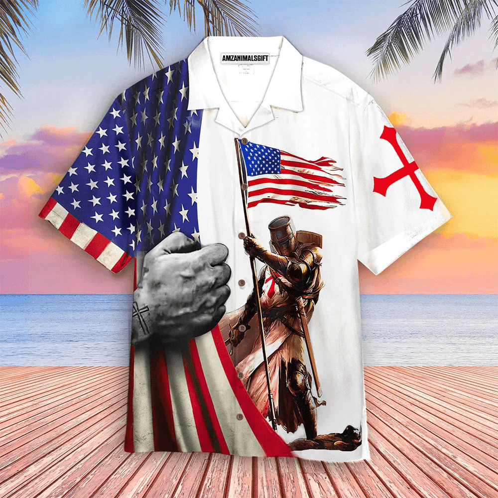 American Flag White Aloha Hawaiian Shirts For Men Women, Warrior Cross Hawaiian Shirt, 4th July Gift For Summer, Friend, Patriot, Independence Day - Amzanimalsgift
