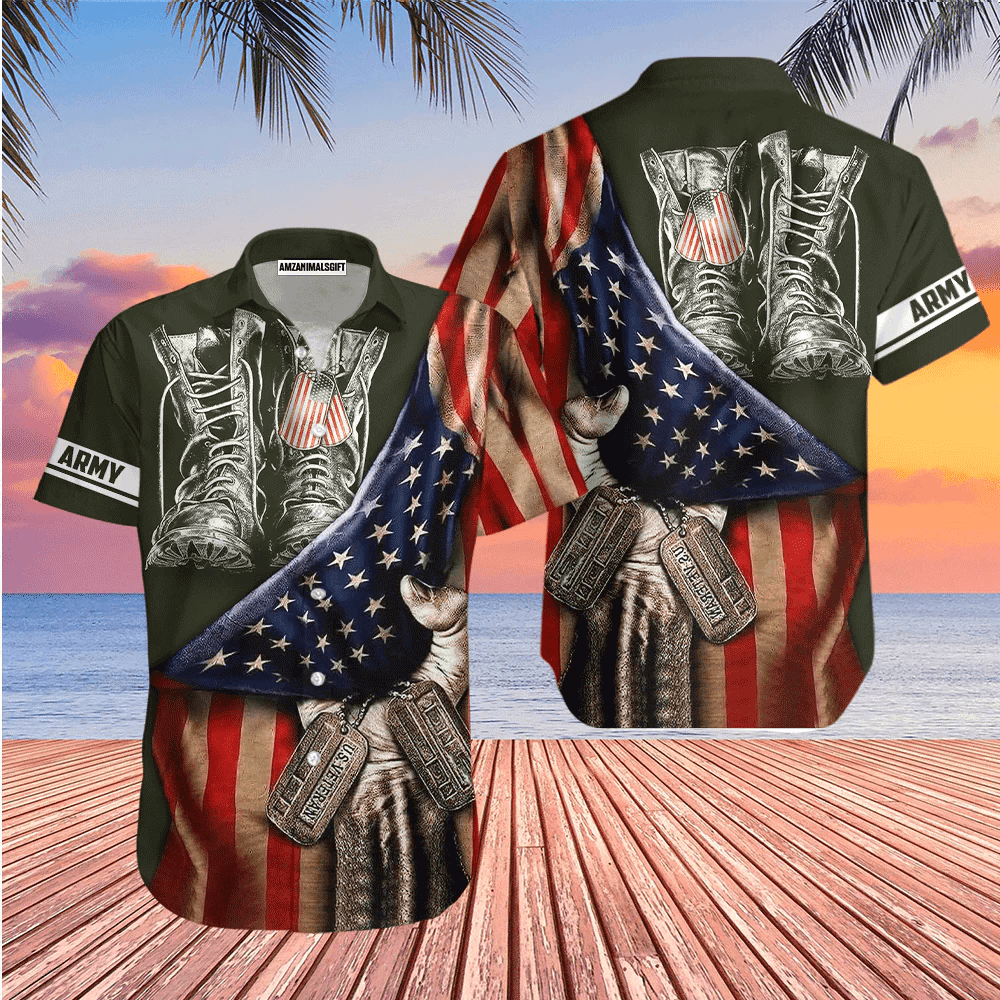 Army Veteran US American Flags And Shoes Black Aloha Hawaiian Shirts For Men Women, 4th Of July Gift For Summer, Friend, Family, Independence Day - Amzanimalsgift