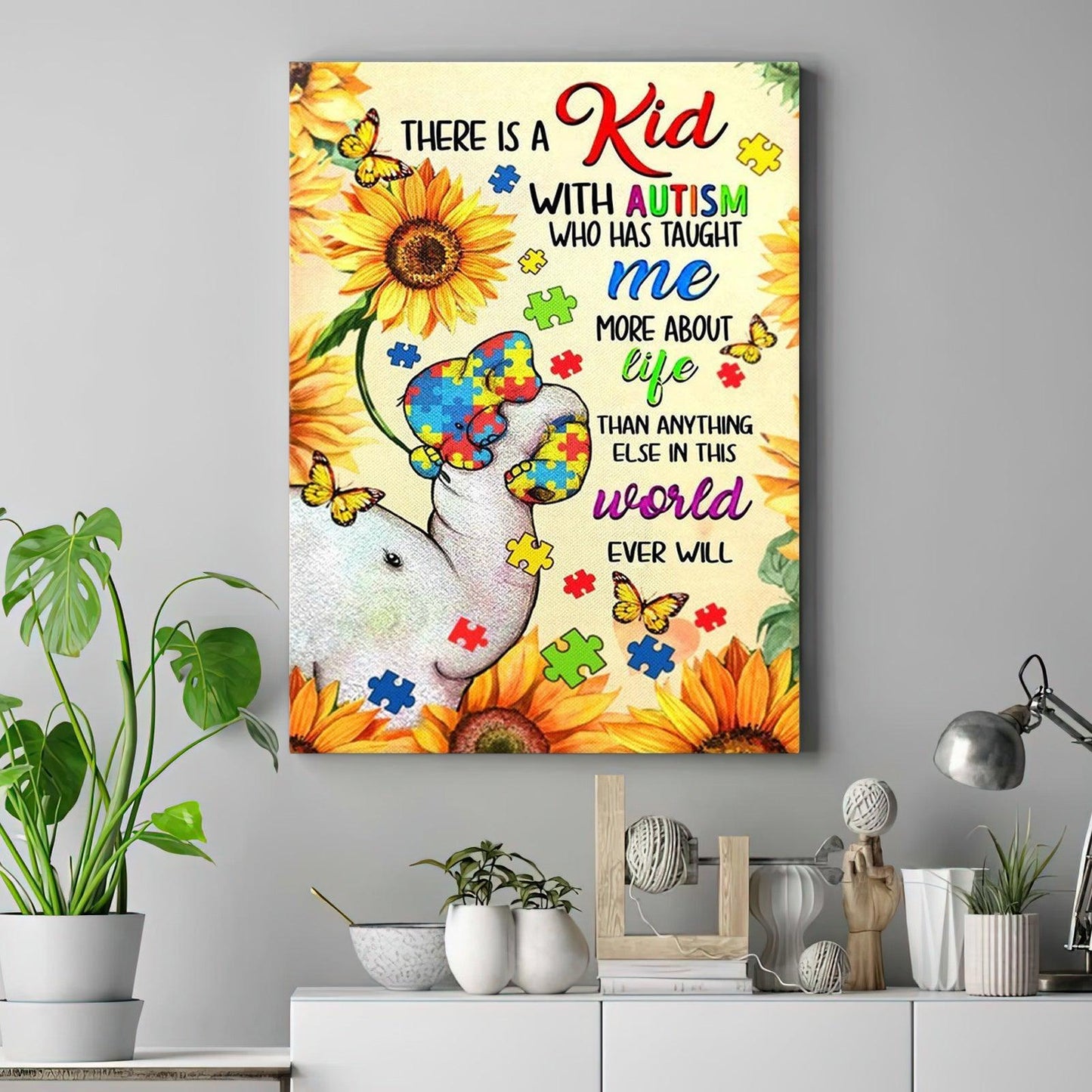 Autism Elephant Portrait Canvas - There Is A Kid With Autism Who Has Taught Me More About Life Premium Wrapped Canvas- Perfect Gift For Friend, Family - Amzanimalsgift