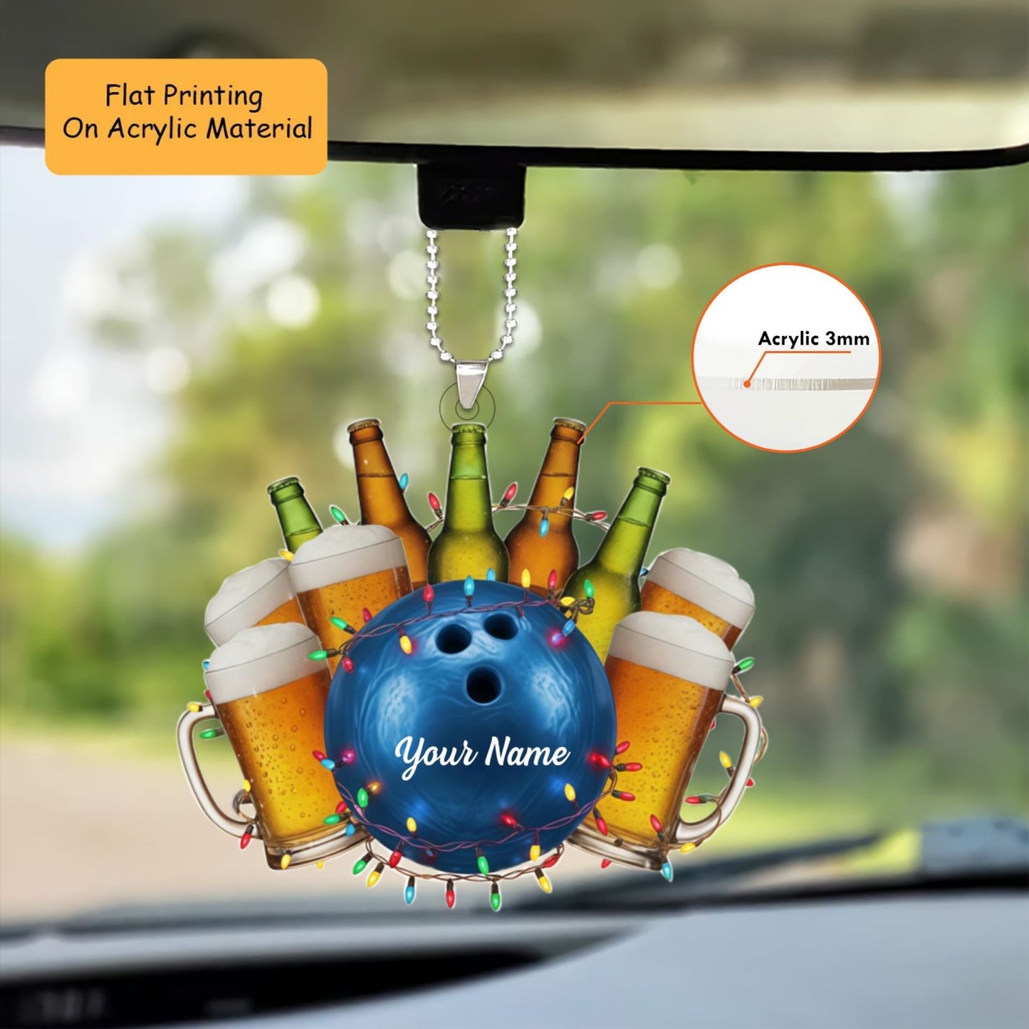 Personalized Bowling and Beer Ornament, Custom Bowling Christmas Gift, Keychain Bowling, Car Ornament Bowling