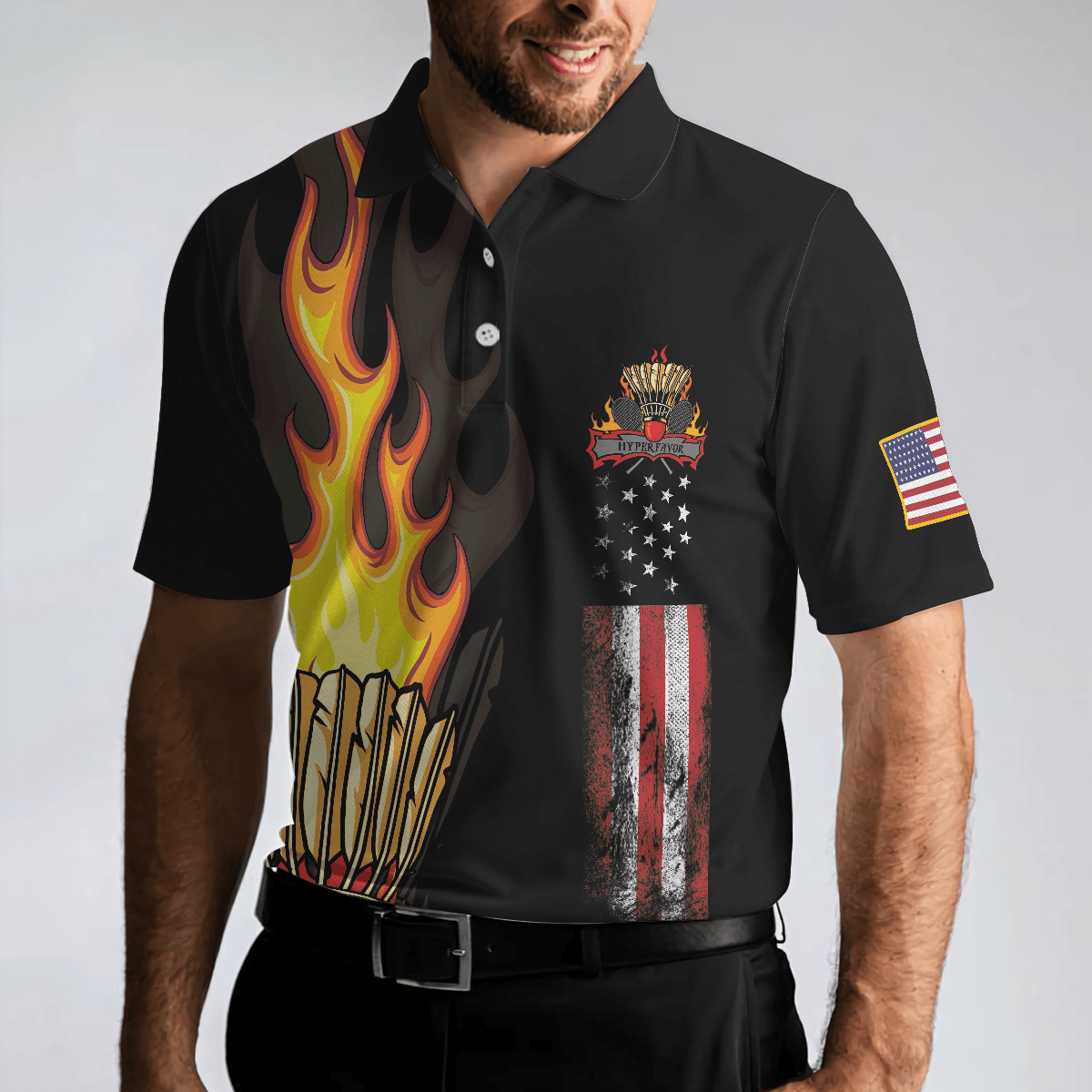 Badminton Men Polo Shirt - Badminton Flame Men Polo Shirts - Gift For Badminton Players - Black Theme American Flag Badminton Men Polo Shirt - Amzanimalsgift