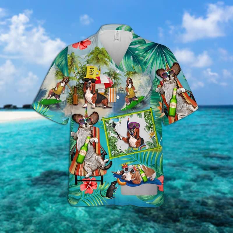 Basset Hound Hawaiian, Tropical Summer, Dog Surfing Hawaiian Shirt For Men - Perfect Gift For Basset Hound Lovers, Husband, Boyfriend, Friend, Family - Amzanimalsgift