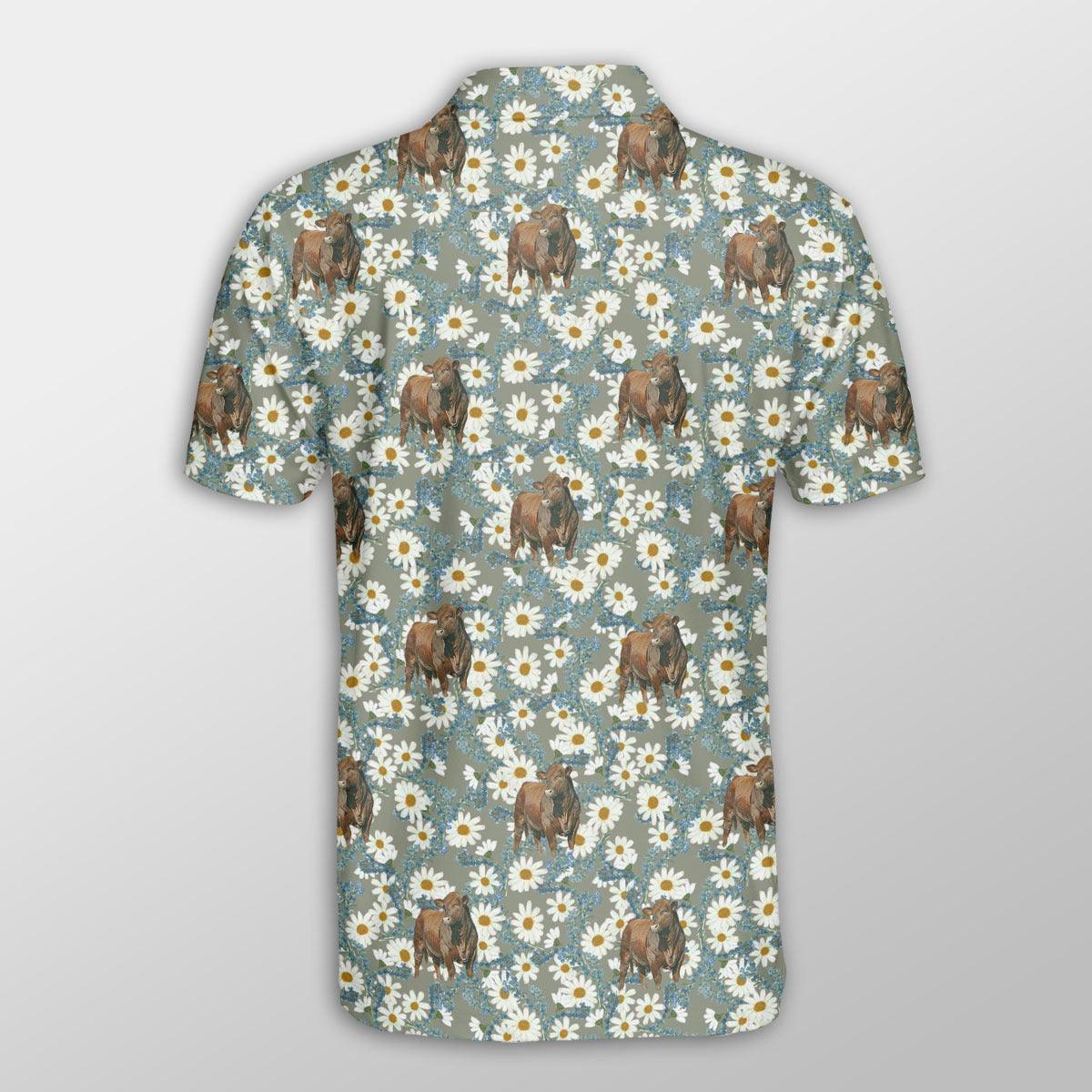 Beefmaster Men Polo Shirts - Beefmaster Camomilles Flower Grey Pattern Button Shirts For Men - Perfect Gift For Beefmaster Lovers, Cattle Lovers - Amzanimalsgift
