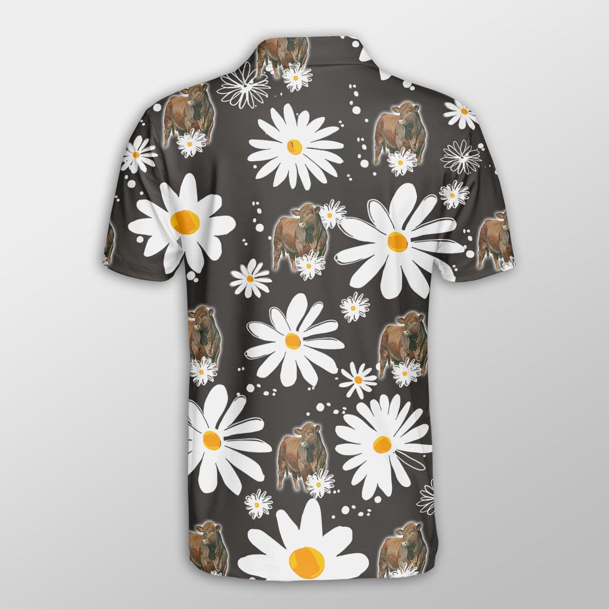 Beefmaster Men Polo Shirts - Beefmaster Daisy Flower Pattern Button Shirts For Men - Perfect Gift For Beefmaster Lovers, Cattle Lovers - Amzanimalsgift