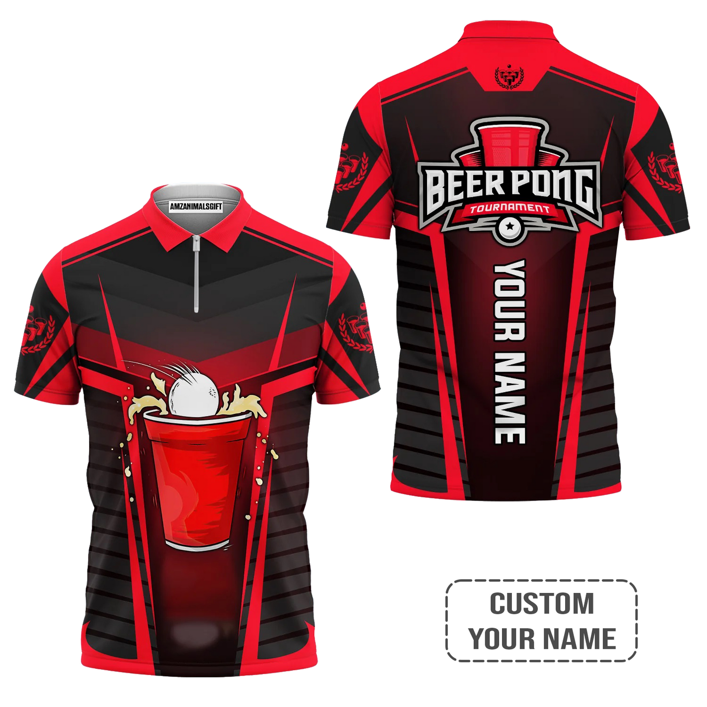 Beer Pong Customized T-Shirt, Personalized Red Black Beer Pong Tournament Shirt For Beer Pong Lovers, Team Players