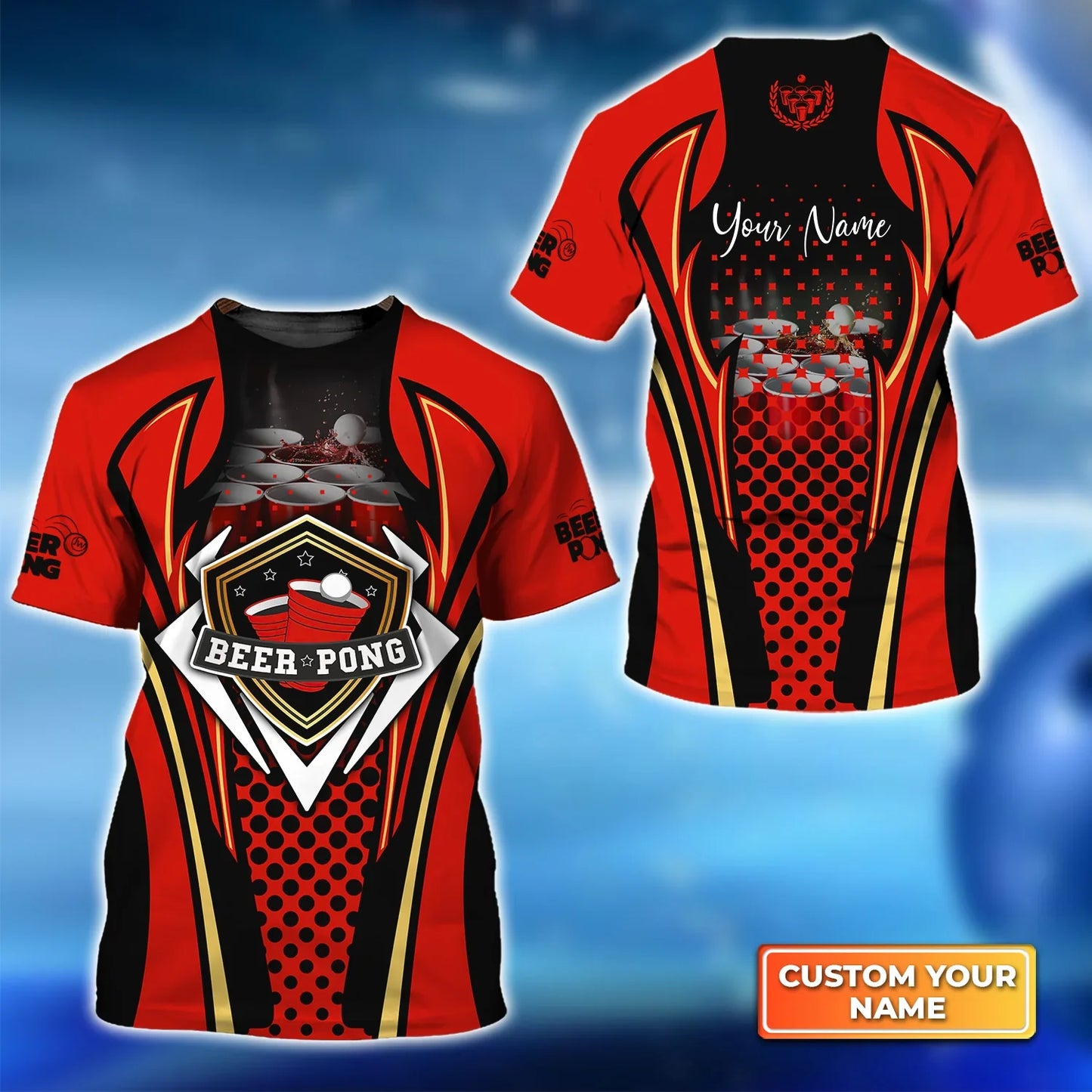 Beer Pong Customized Hawaiian Shirt, Red Black Beer Pong Button Up Shirt For Beer Pong Lovers, Beer Pong Team Players