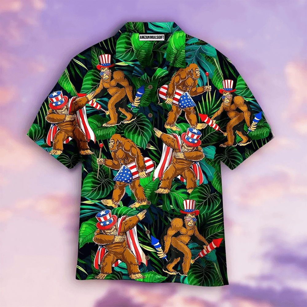 Bigfoot Happy Independence Day American Flag Aloha Hawaiian Shirts For Men Women, Tropical Leaves Hawaiian Shirt For Summer, Gift For Friend, Family - Amzanimalsgift