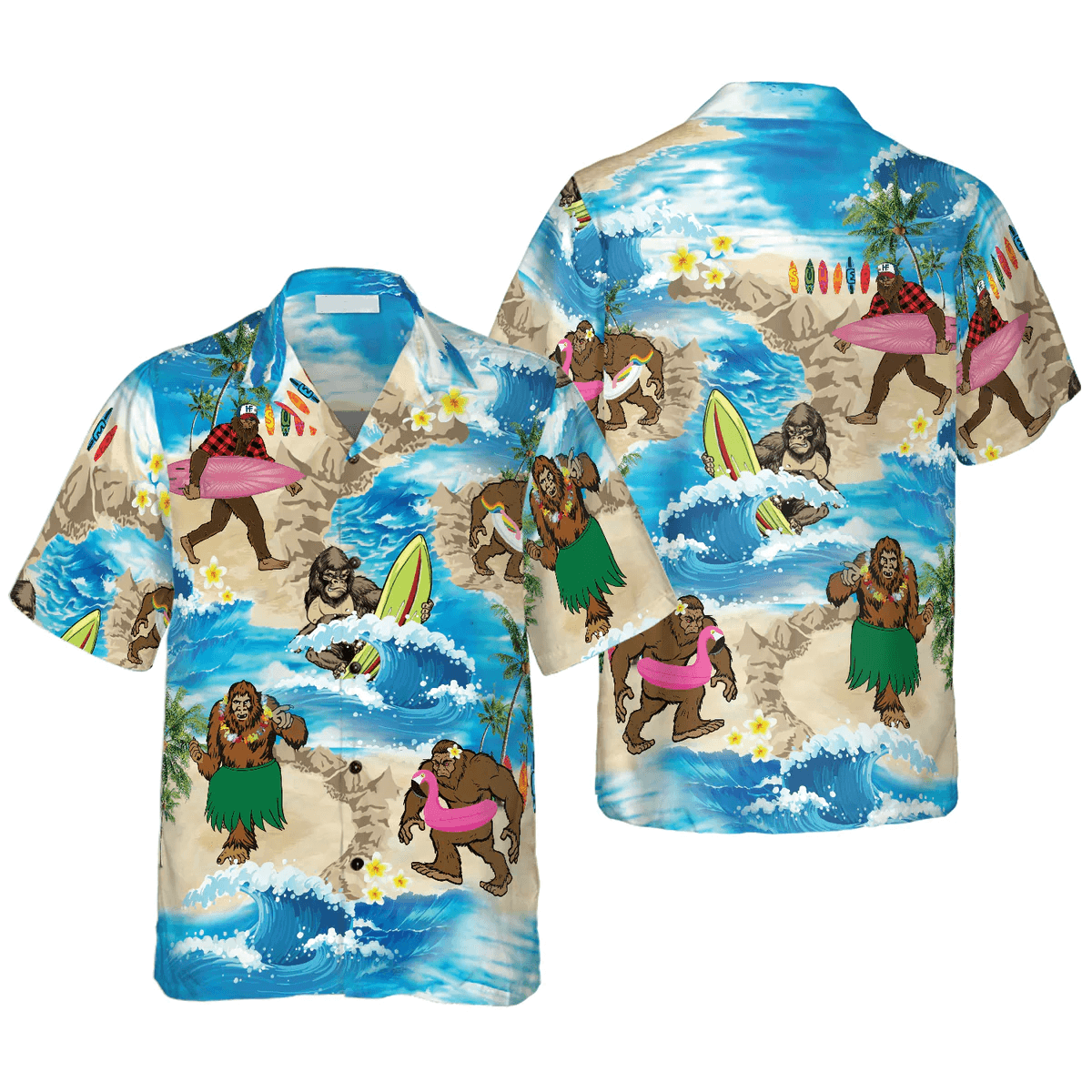 Bigfoot Hawaiian Shirt - Bigfoots Are On Summer Hawaiian Shirt, Tropical Aloha Wave Surfing Bigfoot Hawaiian Shirt - Perfect Gift For Husband, Boyfriend, Friend, Family - Amzanimalsgift