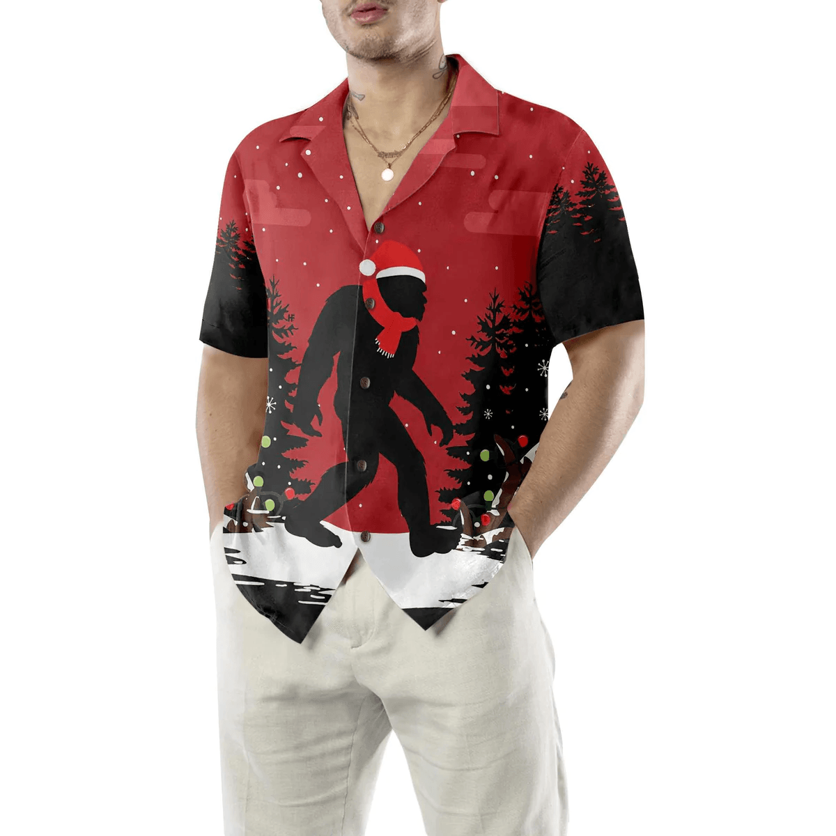 Bigfoot Hawaiian Shirt - Christmas Bigfoot In The Forest Hawaiian Shirt, Funny Christmas Bigfoot Hawaiian Shirt - Perfect Gift For Husband, Boyfriend, Friend, Family - Amzanimalsgift