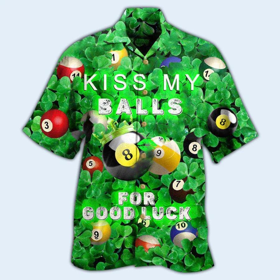 Billiard Hawaiian Shirt, Lucky Leaves Aloha Hawaiian Shirt, Kiss My Balls Billiard Aloha Shirt For Men - Gift For Billiard Lover, Saint Patricks Day - Amzanimalsgift