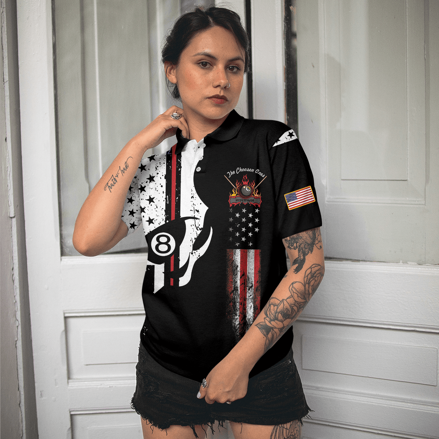 Billiard Women Polo Shirts, The Chosen Ones, Skull American Flag Billiards Polo Shirt - Perfect Gift For Ladies, Billiards Lovers, Billiards Players - Amzanimalsgift