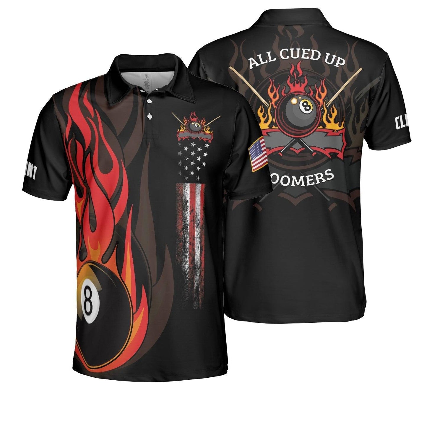 Billiards Custom Name Men Polo Shirt, All Cued Up Boomers, Billiard Fire 8 Ball USA Flag Personalized Men Polo Shirts, Gift For Billiards Lovers - Amzanimalsgift