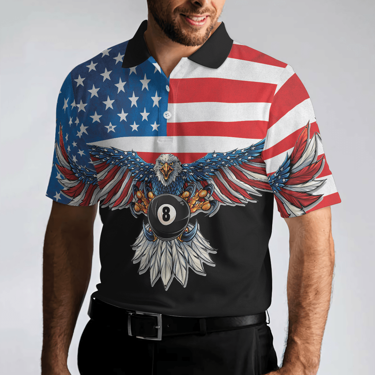 Billiards Men Polo Shirt, American Eagle, Cool American Flag Billiards Shirt For Men, Best Billiards Gift Idea, Gift For Billiards Lovers - Amzanimalsgift