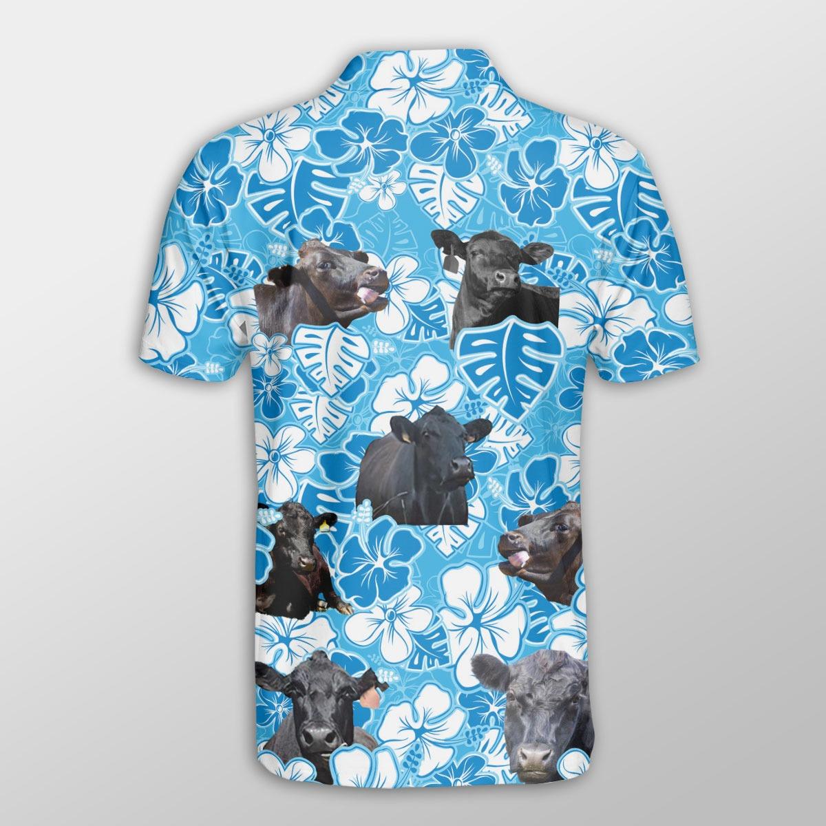 Black Angus Men Polo Shirts - Black Angus Blue Floral Pattern Button Shirts For Men - Perfect Gift For Black Angus Lovers, Cattle Lovers - Amzanimalsgift