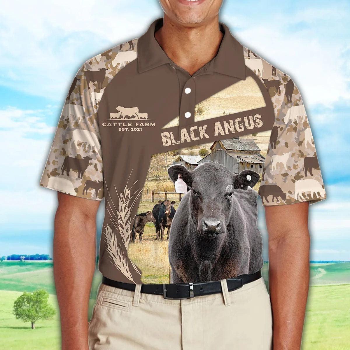Black Angus Men Polo Shirts - Black Angus Camo Pattern Polo Shirts For Men - Perfect Gift For Black Angus Lovers, Cattle Lovers - Amzanimalsgift