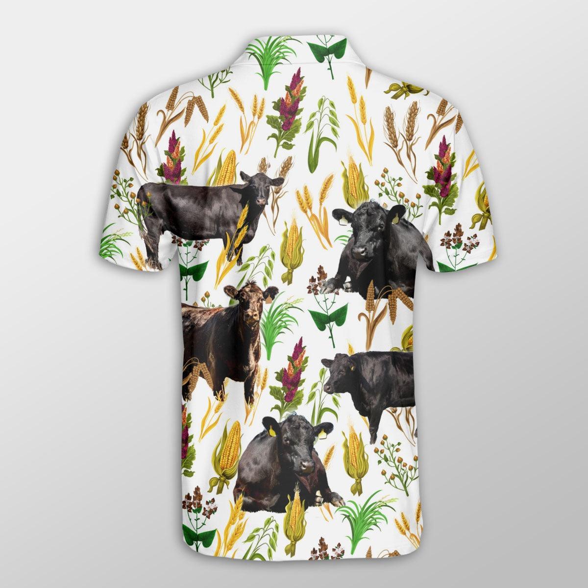 Black Angus Men Polo Shirts - Black Angus Farm Wheat Pattern Button Shirts For Men - Perfect Gift For Black Angus Lovers, Cattle Lovers - Amzanimalsgift
