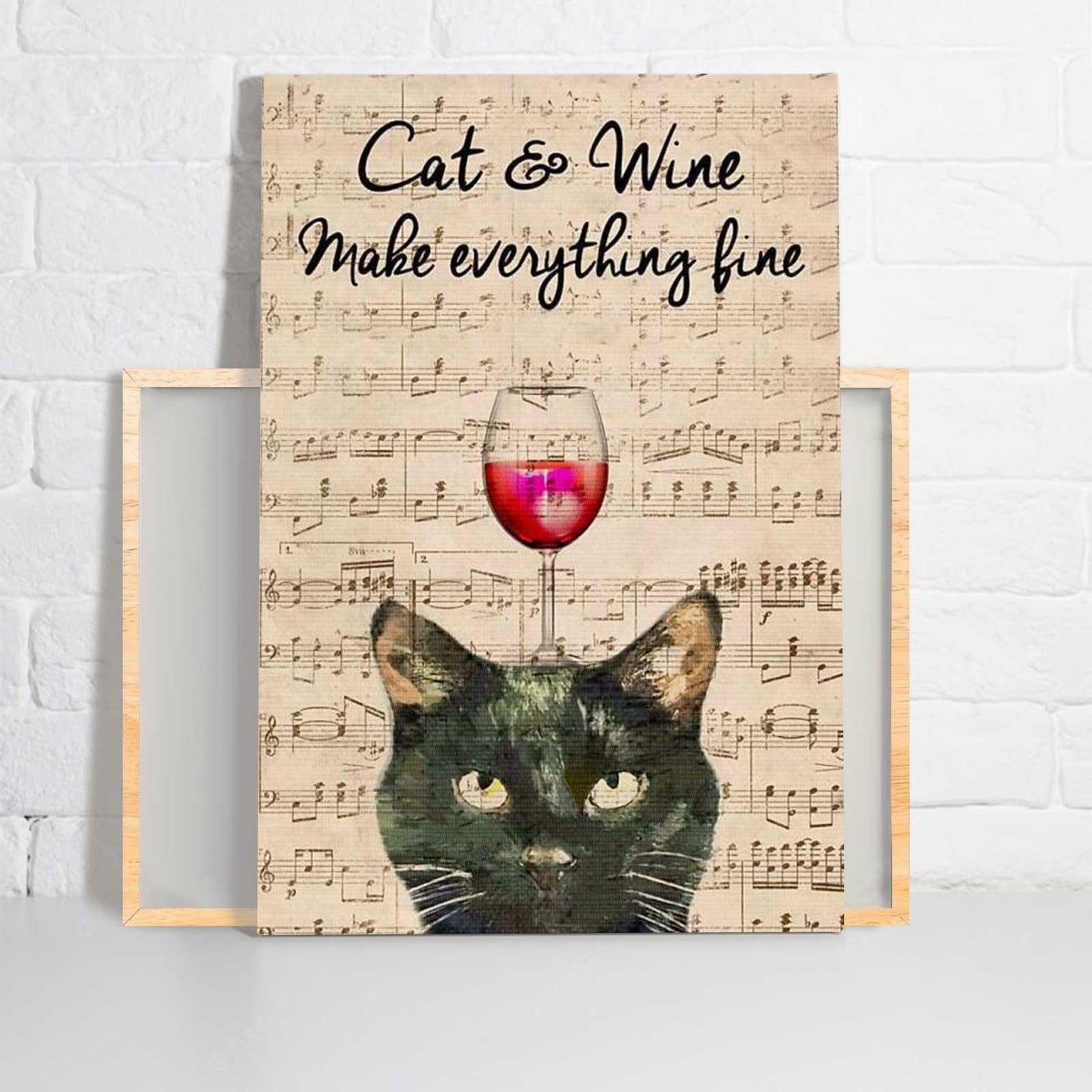 Black Cat Portrait Canvas - Black Cat & Wine Make Everything Fine Sheet Music - Perfect Gift For Black Cat Lovers, Cat Lovers, Wine Lovers - Amzanimalsgift