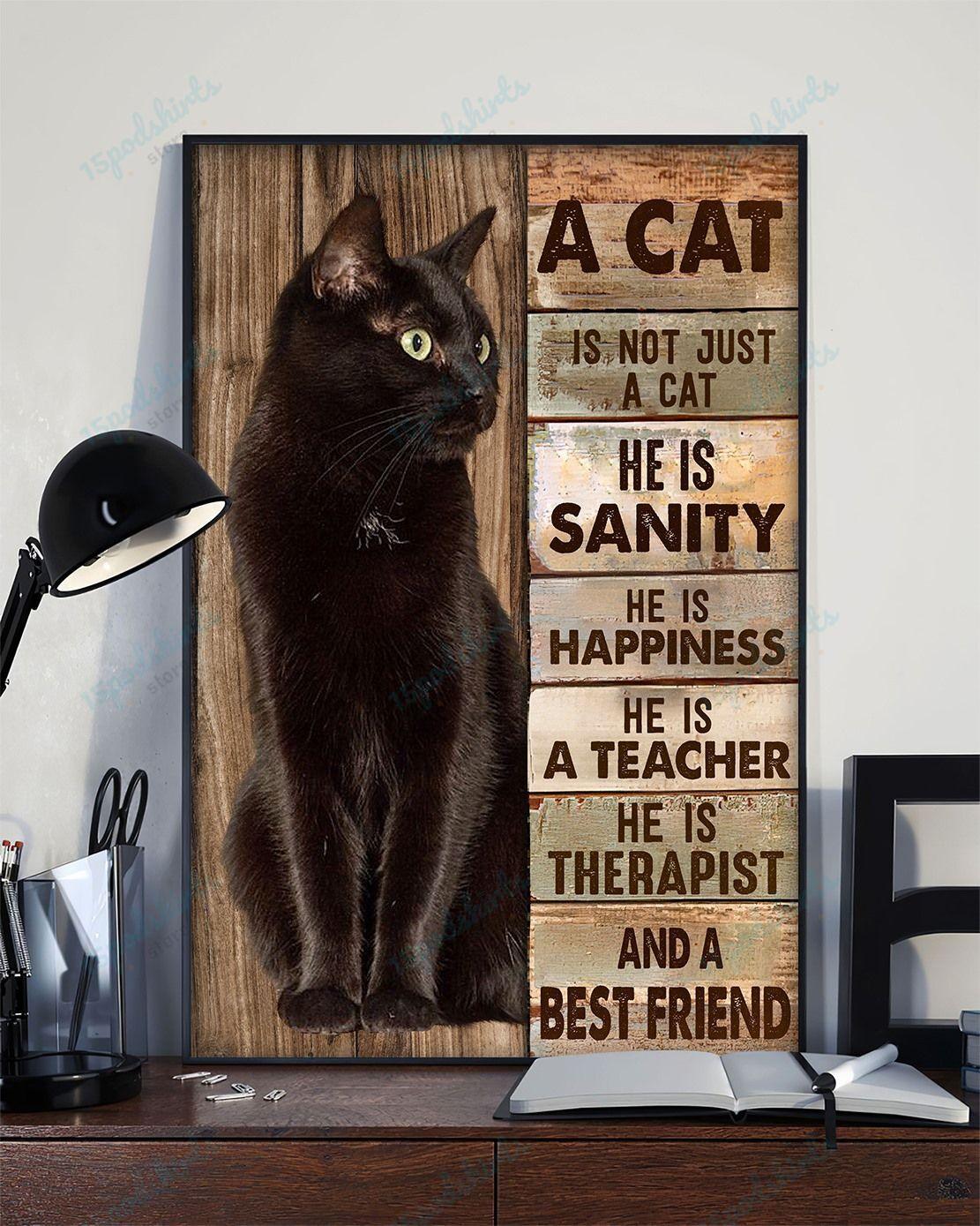Black Cat Portrait Canvas - He is sanity happiness teacher therapist and best friend Premium Wrapped Canvas - Gift For Family, Cat Lovers - Amzanimalsgift