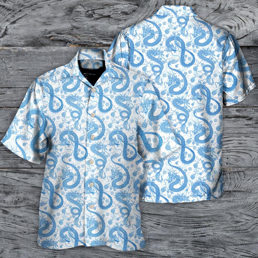 Blue Dragon And White Hawaiian Shirt For Summer, Dragon Colorful Hawaiian Shirts Outfit For Men Women, Dragon Lovers - Amzanimalsgift