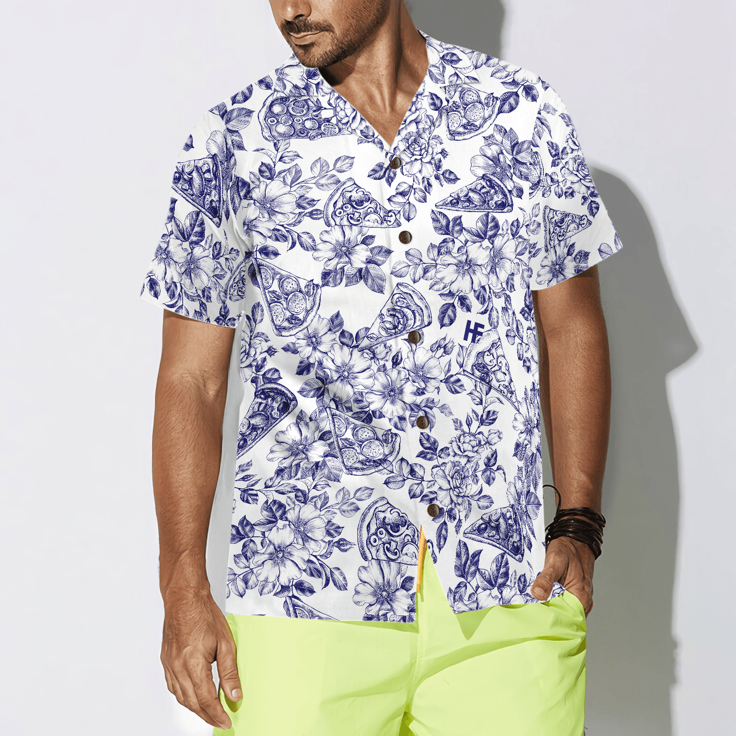 Blue Floral Pizza Pattern Hawaiian Shirt, Colorful Summer Aloha Shirt For Men Women, Perfect Gift For Friend, Team, Pizza Lovers - Amzanimalsgift