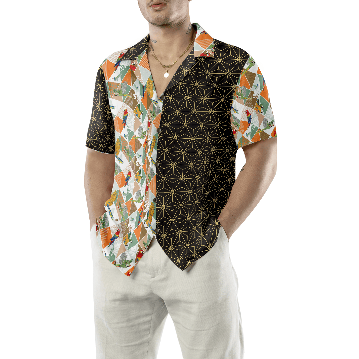 Bold Geometric Parrot Palm Hawaiian Shirt, Colorful Summer Aloha Shirts For Men Women, Perfect Gift For Husband, Wife, Boyfriend, Friend - Amzanimalsgift