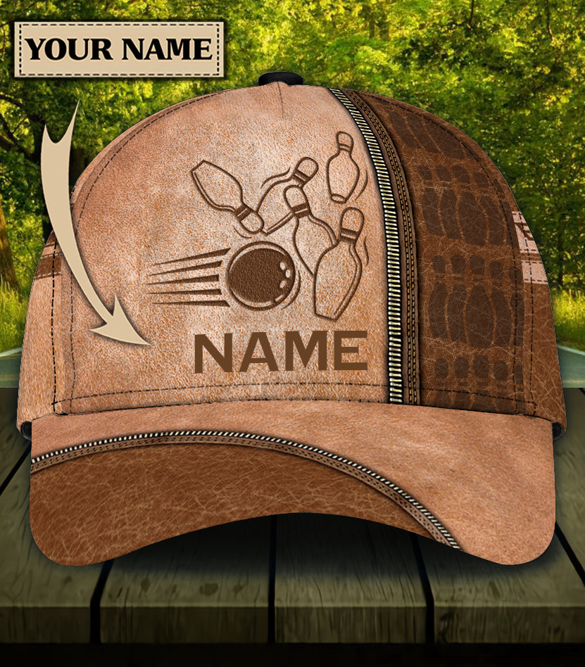 Customized Bowling Leather Texture Classic Cap, Bowling Strike Brown Cap Hat For Team Men Women Bowlers HN12