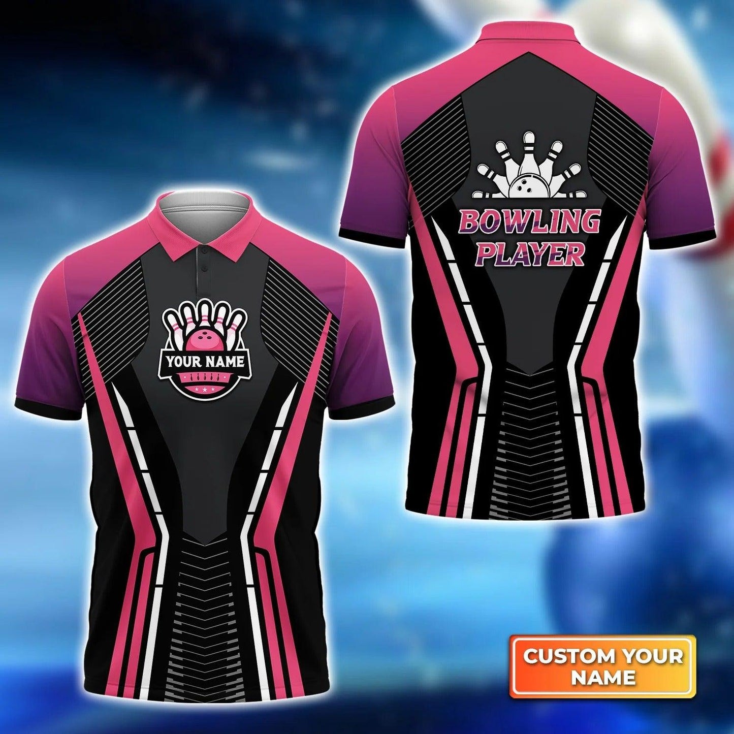 Bowling Custom Men Polo Shirt - Custom Name Bowling Strike Black Pink Personalized Bowling Polo Shirt - Perfect Gift For Friend, Family - Amzanimalsgift