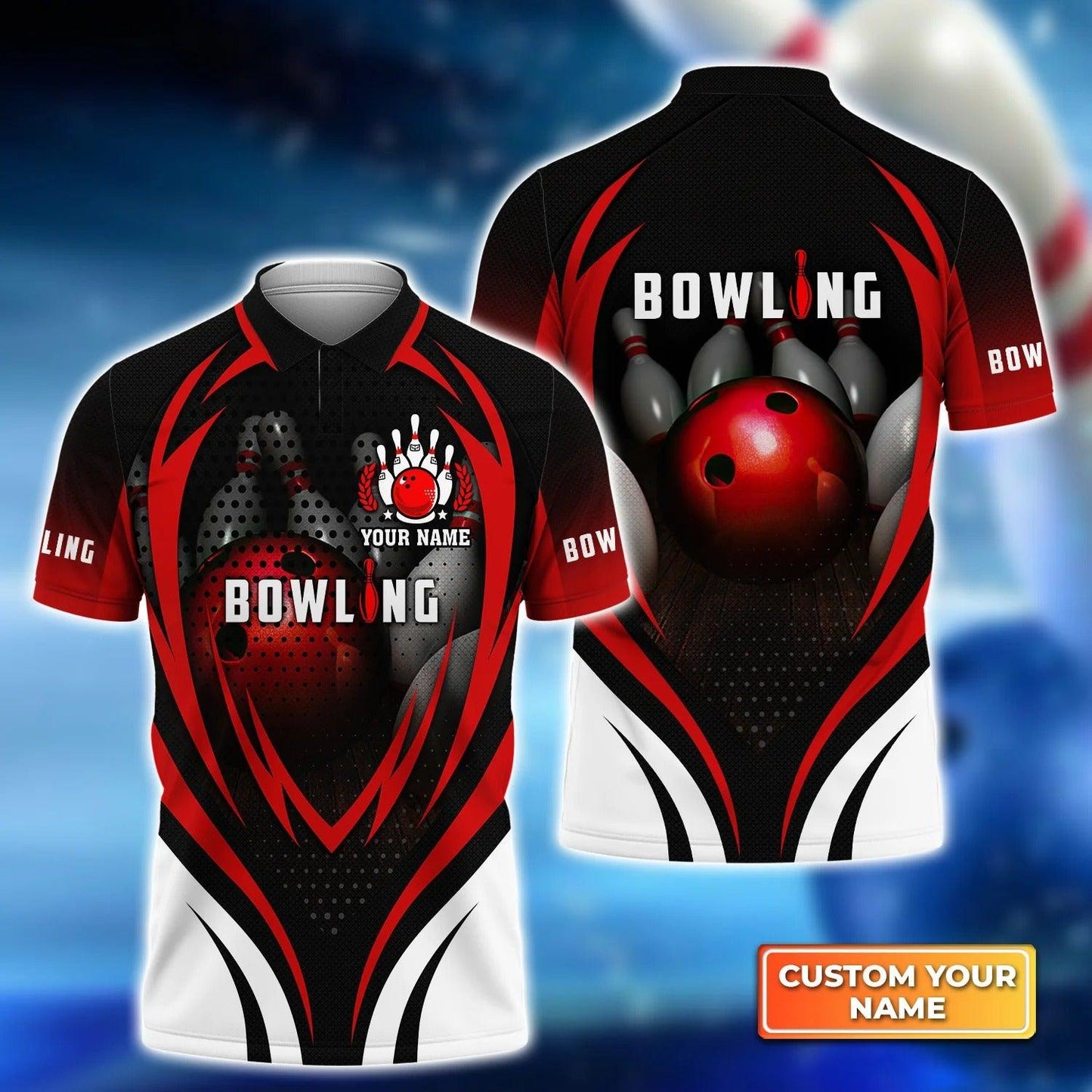 Bowling Custom Men Polo Shirt - Custom Name Bowling With Red Ball and Bowl Pins Personalized Bowling Polo Shirt - Perfect Gift For Friend, Family - Amzanimalsgift