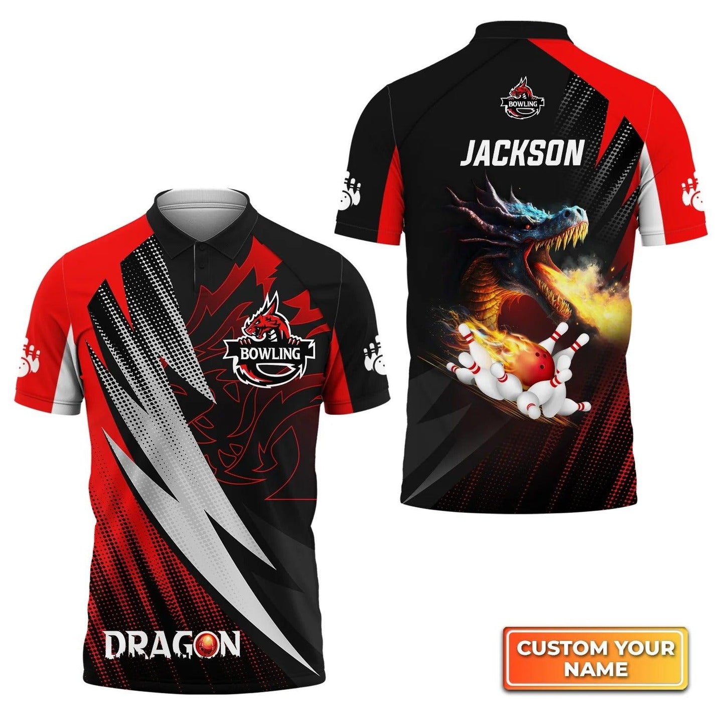 Bowling Custom Men Polo Shirt - Custom Name Dragon Team Red Bowling Ball On Fire Personalized Bowling Polo Shirt - Perfect Gift For Friend, Family - Amzanimalsgift