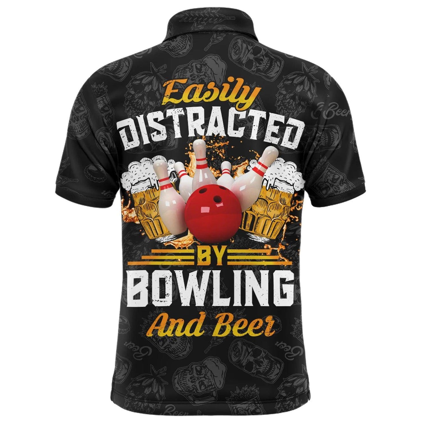 Bowling Custom Men Polo Shirt - Custom Name Easily Distracted By Bowling and Beer Personalized Bowling Polo Shirt - Gift For Friend, Family - Amzanimalsgift
