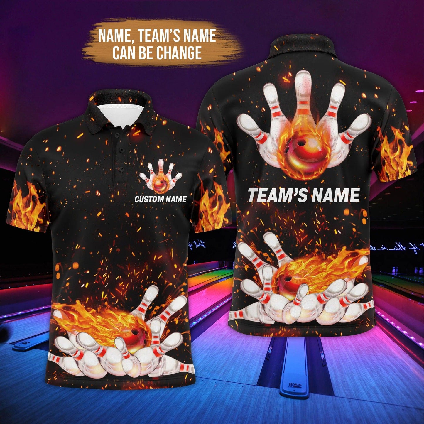 Bowling Custom Men Polo Shirt - Custom Name Flame Personalized Bowling Polo Shirt - Gift For Friend, Family - Amzanimalsgift