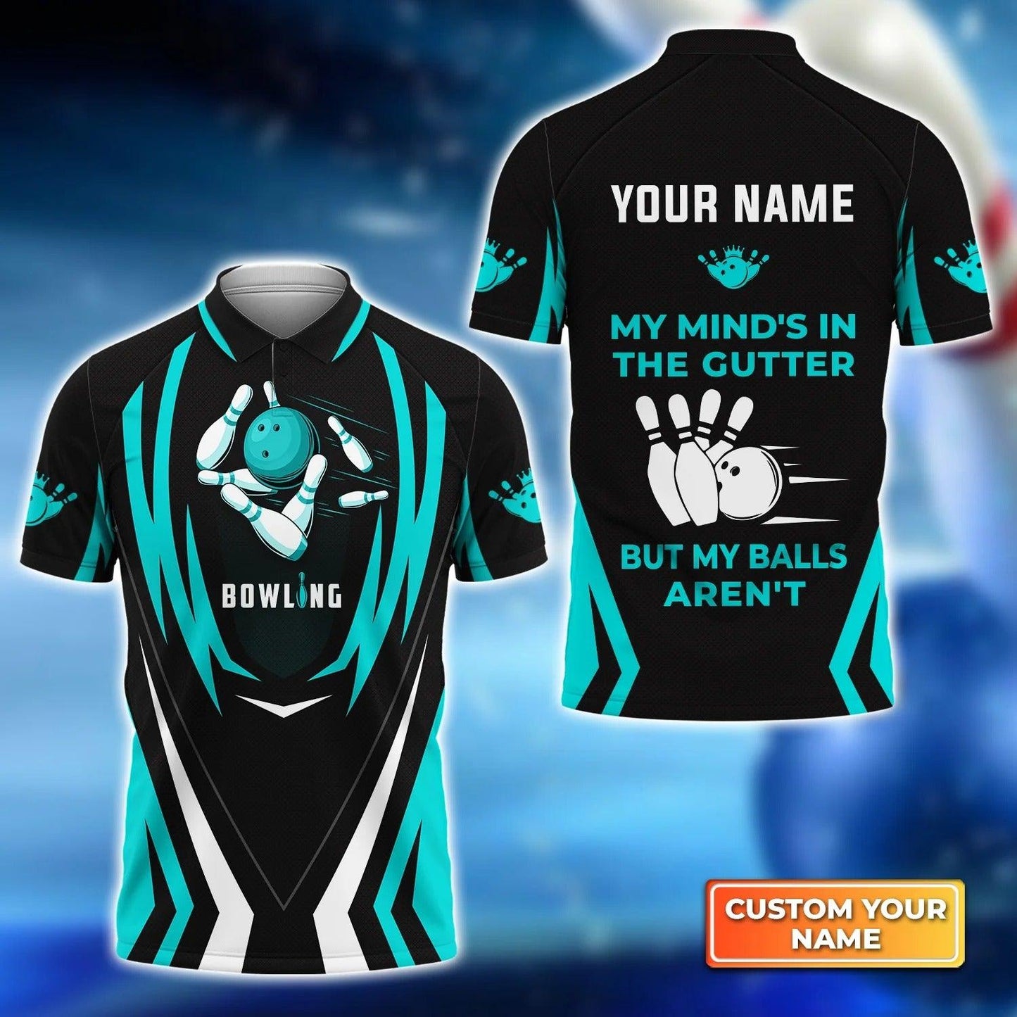 Bowling Custom Men Polo Shirt - Custom Name Light Blue Bowling My Mind's In The Gutter Personalized Bowling Polo Shirt - Perfect Gift For Friend, Family - Amzanimalsgift