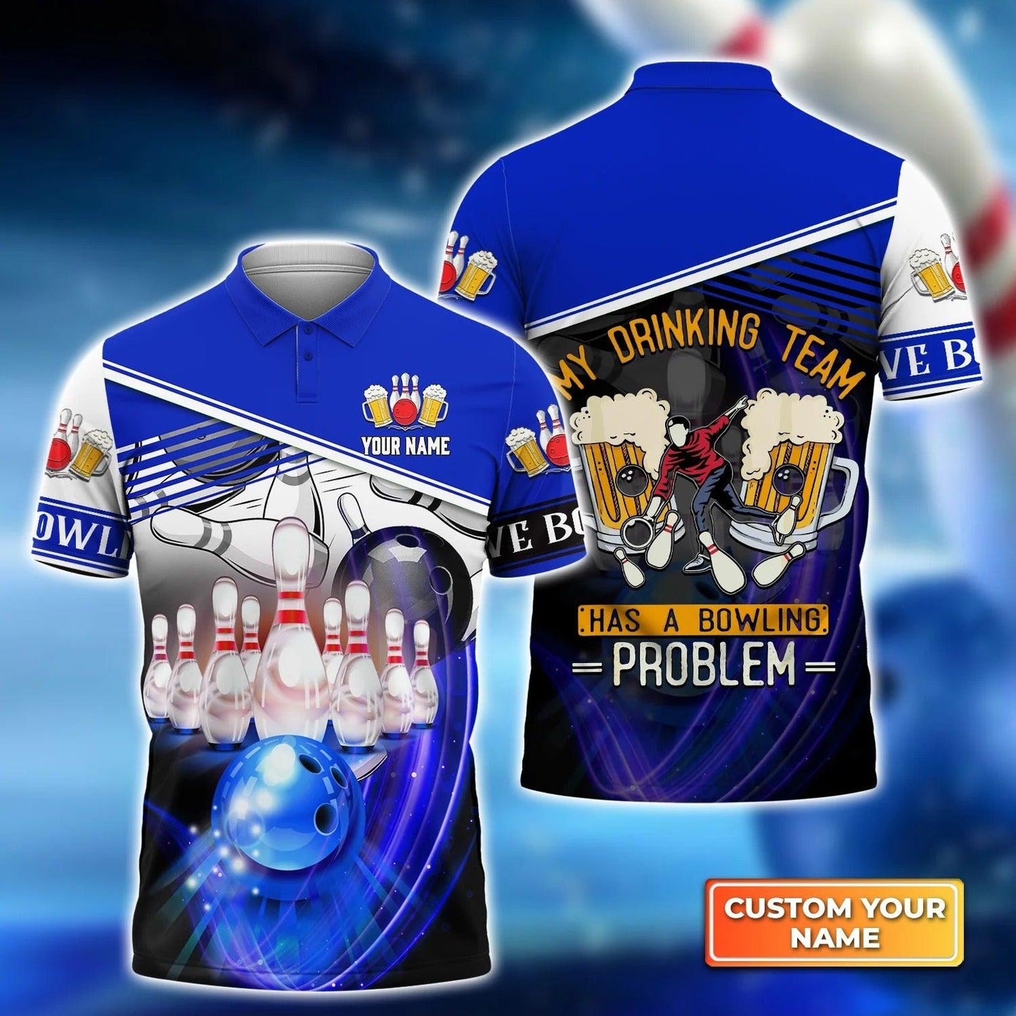 Bowling Custom Men Polo Shirt - Custom Name My Drinking Team Blue Bowling Ball Crashing Into Pins Personalized Bowling Polo Shirt - Perfect Gift For Friend, Family - Amzanimalsgift